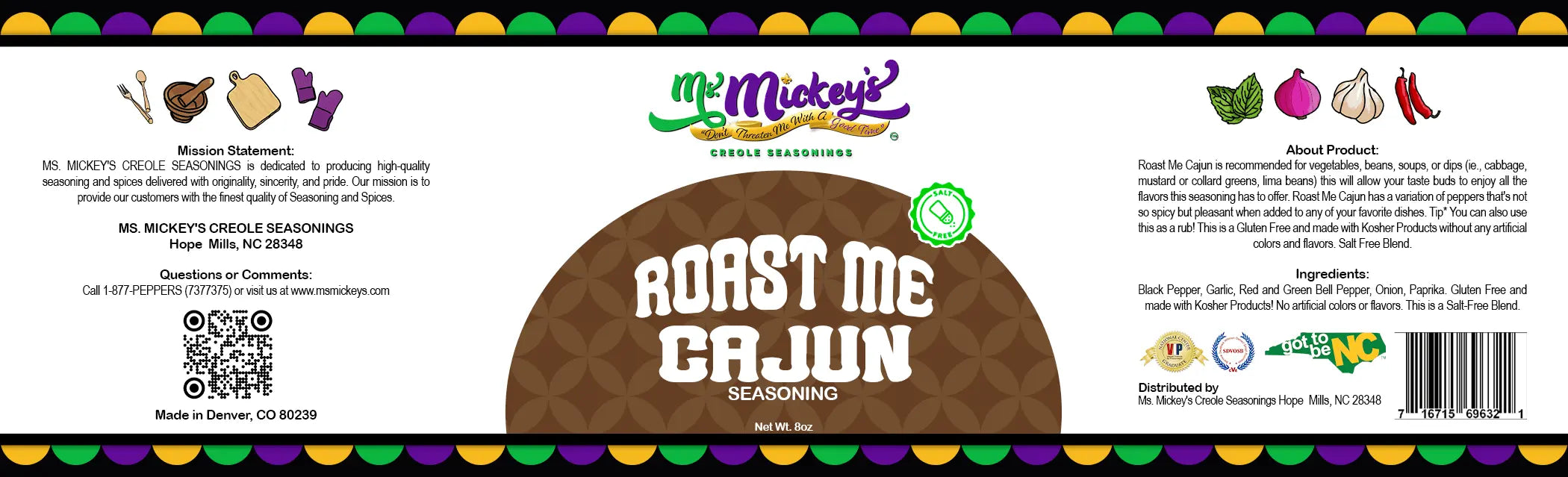 Ms.Mickey's Creole Seasonings product label and ingredients.