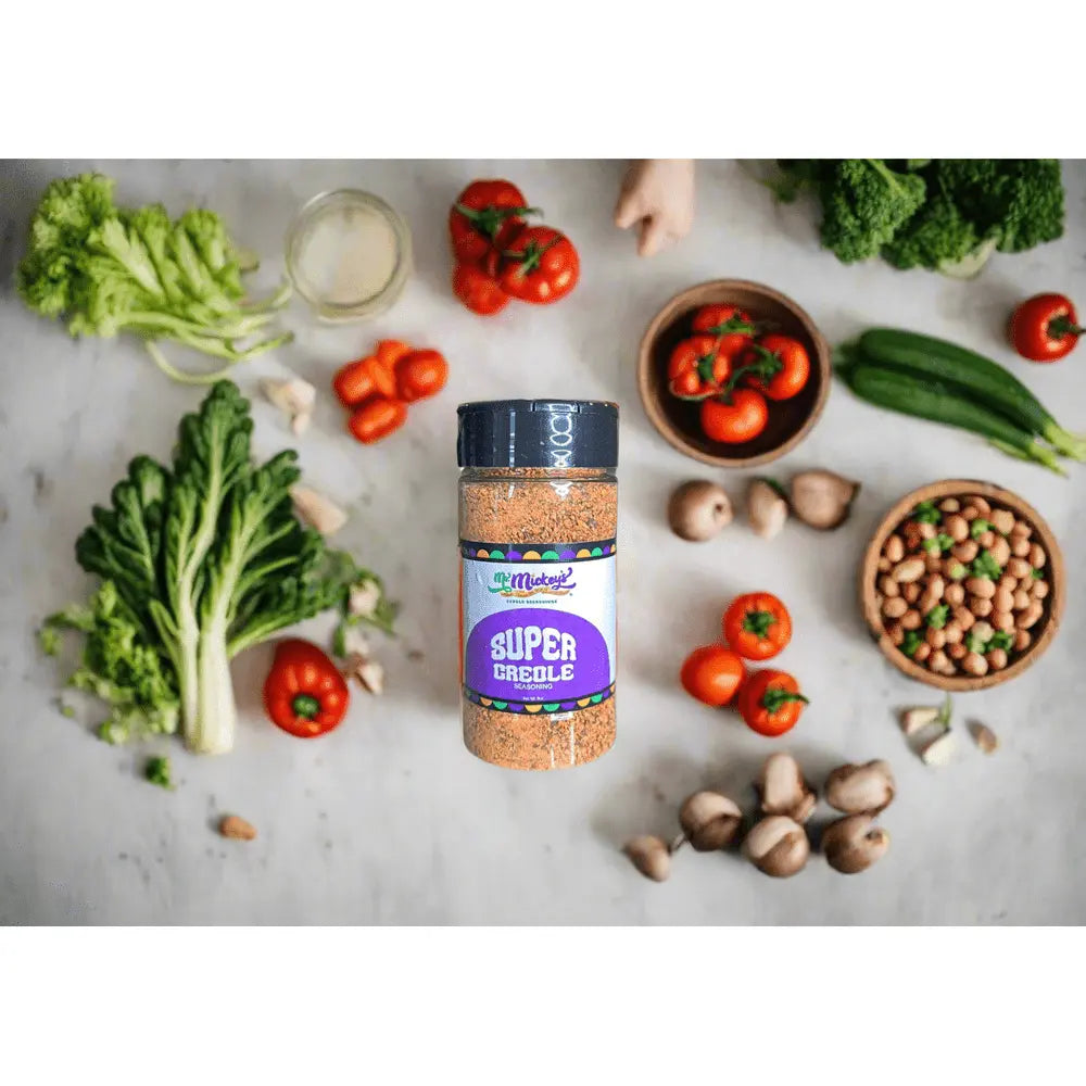 Super Creole Seasonings jar with vibrant label and colorful spice blend