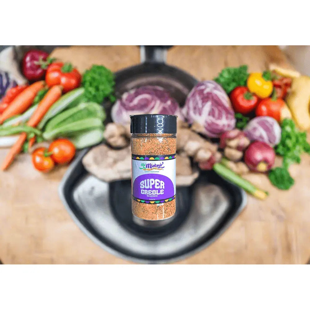 Gluten-free, non-GMO Super Creole Seasonings on a kitchen prep counter